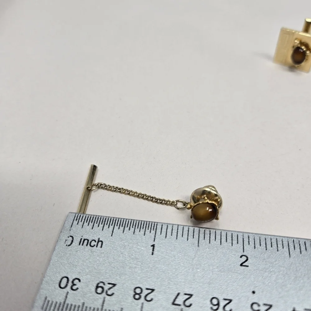 Vintage Mens Gold Tone Cuff Links With Tie Holder Brown Pietersite Stone Classy